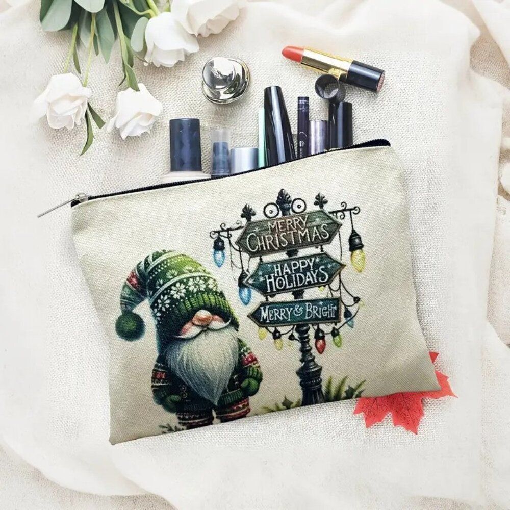Christmas Winter Gnome w Holiday Sign Travel Makeup Bag Double Sided Printed